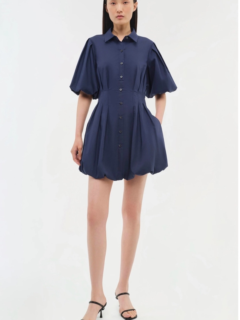 Simkhai Celo Navy Puff-Sleeve Button-Front Mini Dress
